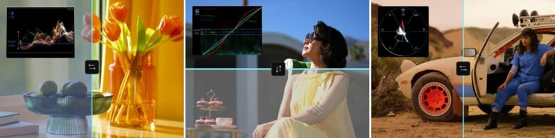 A split image shows a digital fire graphic with flowers, a woman in a yellow dress sitting outside, and a person in blue next to a white car with red wheels in a desert setting, each scene divided by blue lines.