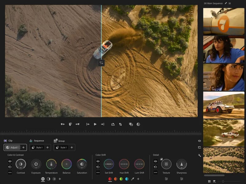 A video editing software interface shows a desert scene with a truck making circular tire marks, split to compare color correction. Thumbnail previews and editing controls are visible on the right and bottom of the screen.