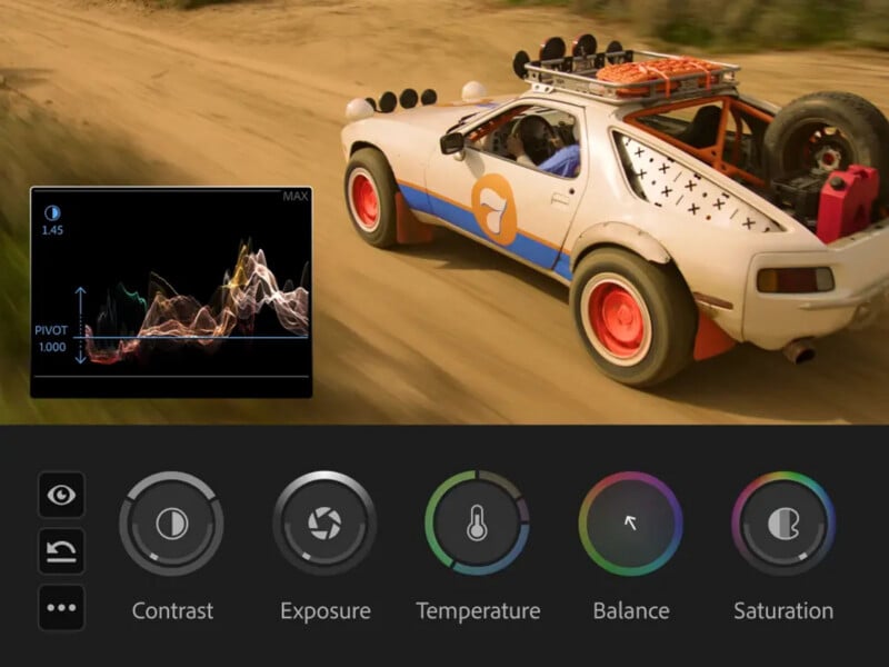 A white and blue car with red wheels speeds down a dirt road. Overlays show a waveform graph and editing sliders for contrast, exposure, temperature, balance, and saturation at the bottom of the image.