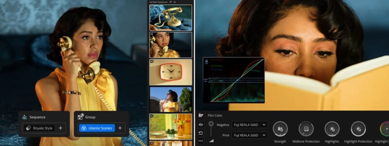 A woman in retro clothing talks on a yellow rotary phone and reads a book. The image is split, showing film editing software with color grading tools and video sequence thumbnails.