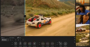 A car with red wheels and roof gear speeds down a dirt road in a desert landscape, shown on a video editing interface with color adjustment tools. Thumbnails of a woman appear on the right side of the screen.