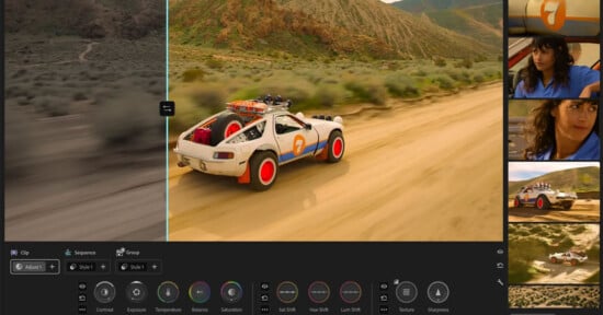 A car with red wheels and roof gear speeds down a dirt road in a desert landscape, shown on a video editing interface with color adjustment tools. Thumbnails of a woman appear on the right side of the screen.