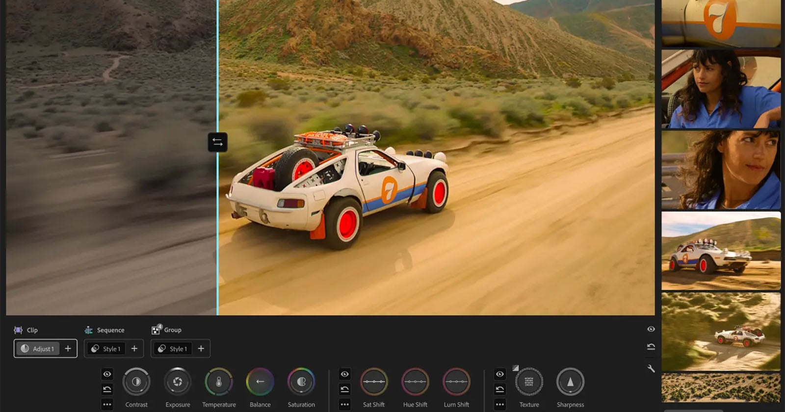A car with red wheels and roof gear speeds down a dirt road in a desert landscape, shown on a video editing interface with color adjustment tools. Thumbnails of a woman appear on the right side of the screen.