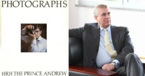 A split image showing the cover of a photography book titled "PHOTOGRAPHS HRH THE PRINCE ANDREW" with a young man taking a photo on the left, and an older man in a suit sitting on a couch on the right.