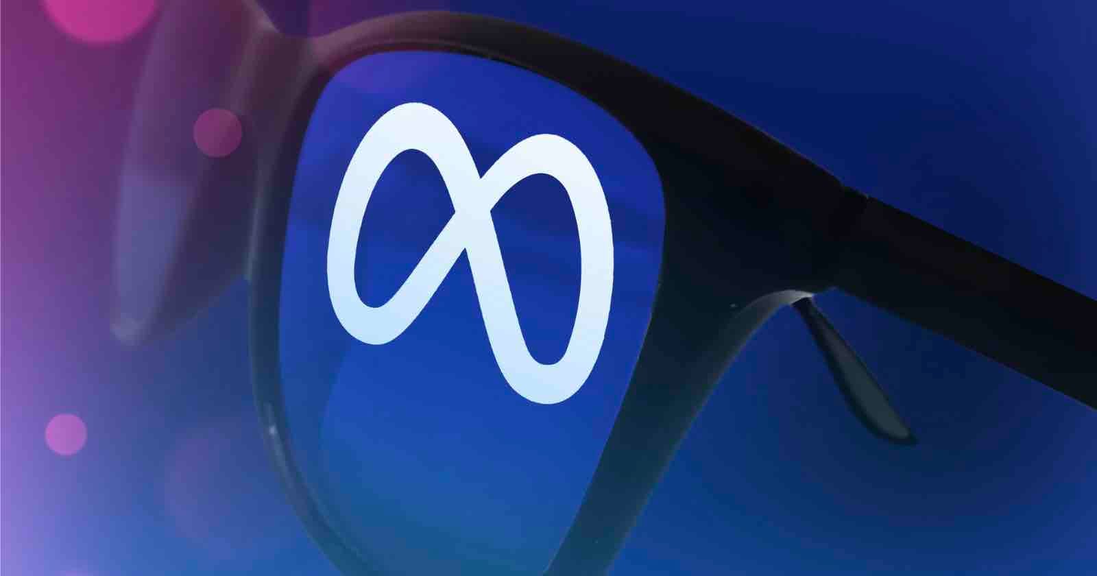A pair of black sunglasses with the white Meta logo reflected in one lens against a blue and purple background.
