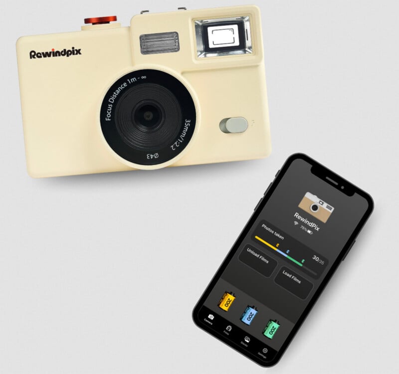 A beige Rewindpix film camera sits beside a smartphone displaying the Rewindpix app interface, showing options to upload films and a preview of the camera on a light gray background.