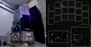 A large space telescope stands in a clean room on the left; on the right, an image of deep space shows many galaxies with several areas highlighted and magnified in white rectangles.