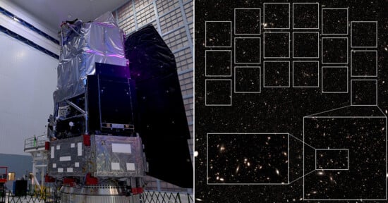 A large space telescope stands in a clean room on the left; on the right, an image of deep space shows many galaxies with several areas highlighted and magnified in white rectangles.