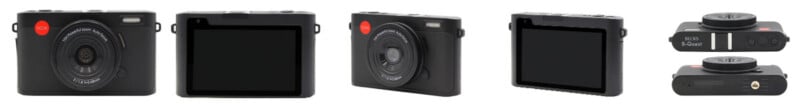 Five views of a compact black digital camera with a circular lens, red logo, large rear screen, and visible buttons, shown from the front, back, side, angled, and top perspectives.