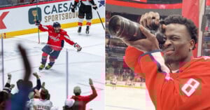 Split image: On the left, a hockey player in a red jersey celebrates on the ice as fans cheer. On the right, a man in the same red jersey uses a large camera to take photos, squinting through the viewfinder.