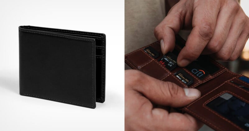 On the left is a closed black leather wallet. On the right, a person’s hands are organizing credit and membership cards inside an open brown wallet.