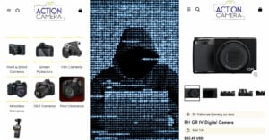 A collage of three screenshots: a camera store’s homepage, a stylized digital image of a person using a camera, and a product page for a digital camera with details and a product photo.