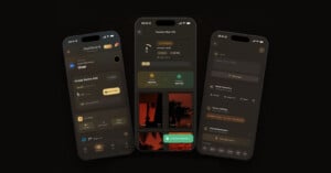 Three smartphones display a photography app with a dark theme, showing a dashboard, camera settings, film information, editing tools, and image previews on black backgrounds.