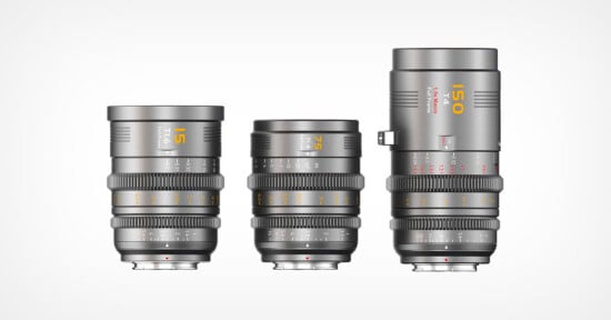 Three professional camera lenses of varying heights are displayed upright side by side against a white background. Each lens has a metallic finish with engraved numbers and markings in yellow, orange, and white.
