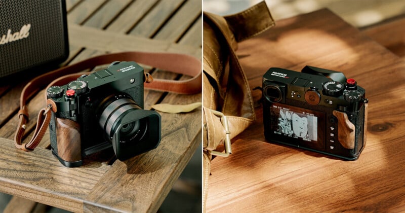 A Fujifilm camera with a brown leather strap and wooden grip is shown on a wooden table; one image shows the front with lens, the other shows the back with the LCD screen displaying a black-and-white photo.