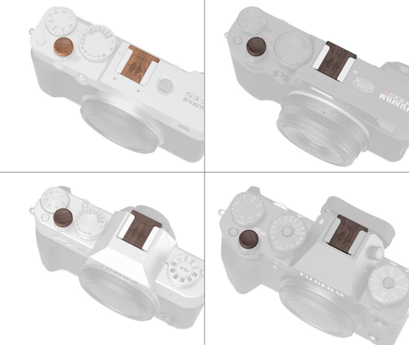 Four camera illustrations show dark wood accents on the shutter button and hot shoe cover in different camera models, all displayed against a white background.