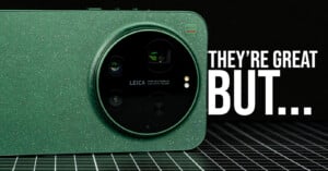 Close-up of a green smartphone with a large circular Leica camera module. Text on the right reads, "THEY'RE GREAT BUT..." against a black grid background.