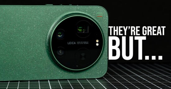 Close-up of a green smartphone with a large circular Leica camera module. Text on the right reads, "THEY'RE GREAT BUT..." against a black grid background.