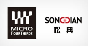 A black Micro Four Thirds logo on the left, and the word "SONGDIAN" with a red camera icon for the letter "O" and Chinese characters below it on the right, all on a white background.