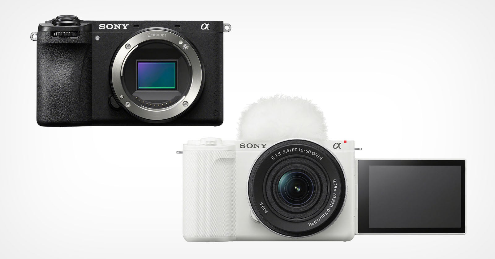 Two Sony Alpha series mirrorless cameras: the black one with no lens attached (top) and the white one with a lens and flip-out screen facing forward (bottom), both on a plain white background.