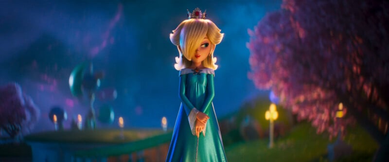 A princess with blonde hair in a blue gown and a crown stands in a dreamy, colorful garden at night, surrounded by glowing lights and pink trees.
