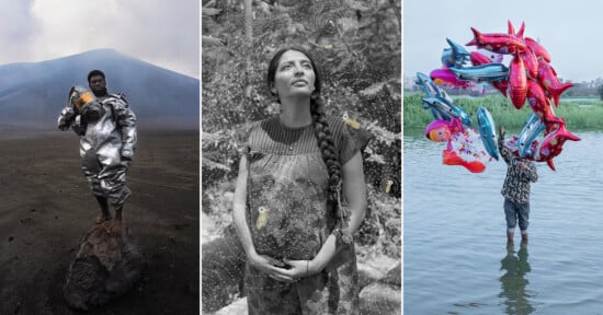 A collage of three photos: a person in a metallic suit stands on a volcanic landscape; a woman with braids holds her belly and looks up; a person in water holds a bunch of colorful inflatable fish balloons.