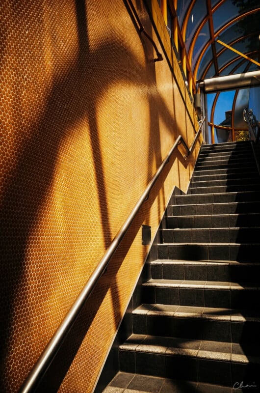 A sunlit stairway ascends beside a yellow-tiled wall, casting dramatic shadows through a curved glass canopy above. The bright sunlight and angular lines create a striking geometric pattern.