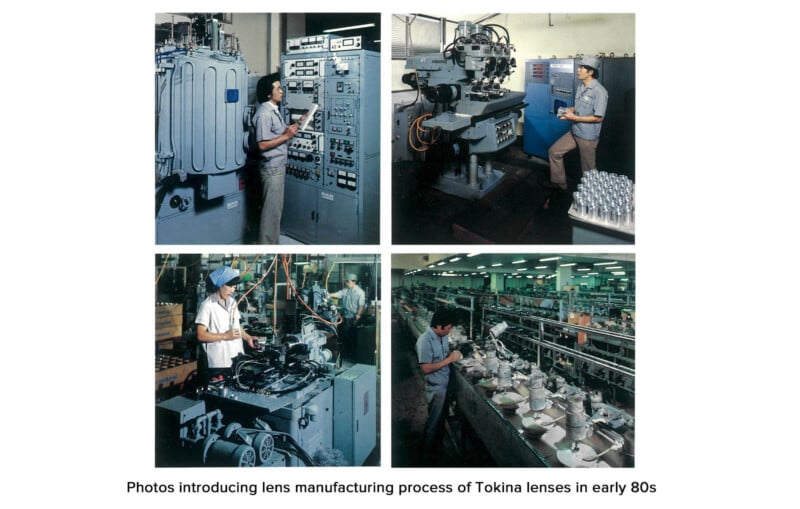 Cuatro fotografías muestran a trabajadores operando máquinas y ensamblando lentes en una fábrica a principios de la década de 1980, lo que ilustra el proceso de fabricación de las lentes Tokina.