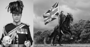 A man in ornate military uniform holds a skull and wears a feathered hat. Beside him, a person on horseback waves a large Union Jack flag, galloping outdoors against a dramatic cloudy sky. Both images are in black and white.