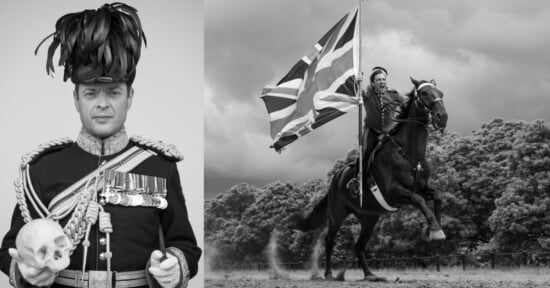 A man in ornate military uniform holds a skull and wears a feathered hat. Beside him, a person on horseback waves a large Union Jack flag, galloping outdoors against a dramatic cloudy sky. Both images are in black and white.