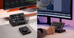 Split image showing two editing workstations with a Loupedeck device in use. On the left, it’s on a gray desk by a monitor displaying color grading software; on the right, a hand uses it for photo editing on another screen.