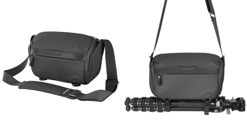 A black shoulder bag is shown in two views: on the left, the bag is closed with its strap extended; on the right, the bag is carrying a compact tripod attached to its bottom.