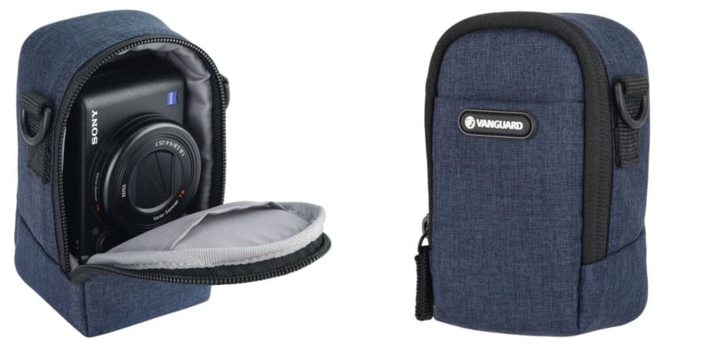 A small blue Vanguard camera case is shown, one image with the case open revealing a Sony camera inside, and the other image with the case closed, displaying the Vanguard logo on the front.