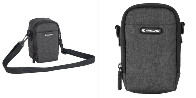 A compact, dark gray Vanguard camera bag with a long adjustable black shoulder strap, zippered closure, front logo patch, and textured fabric, shown from angled and front views.