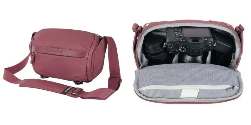 Two images: on the left, a closed maroon camera shoulder bag; on the right, the same bag open, revealing a camera and two lenses neatly stored inside padded compartments.