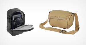 A compact camera in a grey zippered case sits next to a tan messenger-style camera bag with a shoulder strap, both on a plain white background.