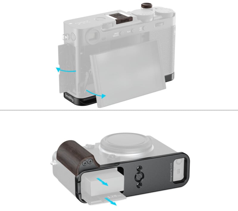 Illustration showing a camera grip attachment with a cutout for easy access to the camera’s battery compartment. Blue arrows indicate the direction to remove the battery without detaching the grip.