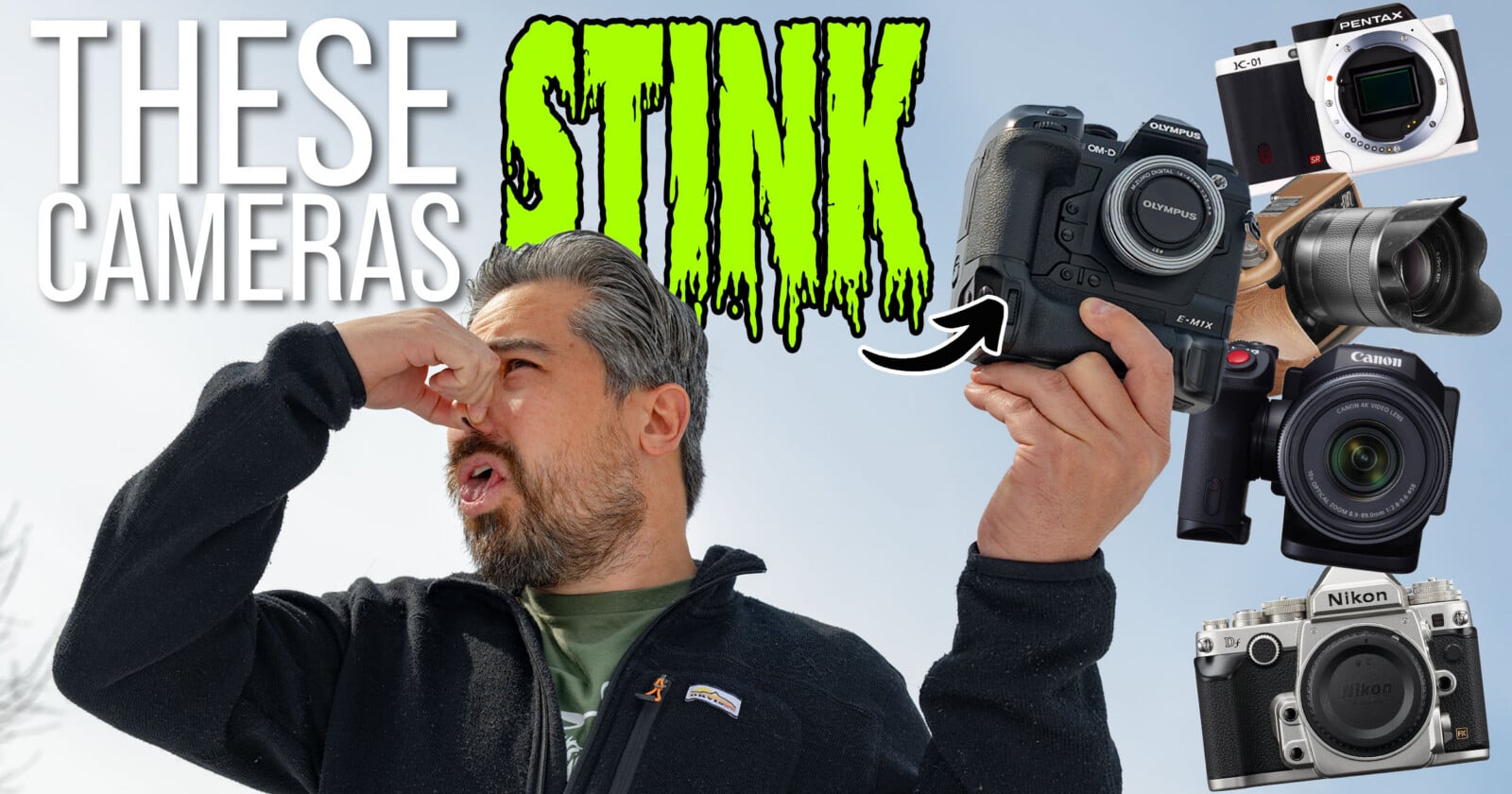 A man holds his nose in disgust while holding a camera. Large text reads "These Cameras Stink," surrounded by images of various cameras and camera lenses on a bright background.