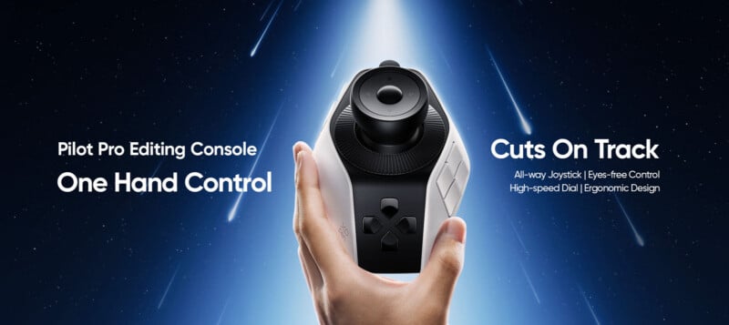 A hand holds a black and white editing console joystick against a blue background with dynamic light streaks. Text reads: "Pilot Pro Editing Console, One Hand Control" and "Cuts On Track, All-way Joystick, Eyes-free Control, High-speed Dial, Ergonomic Design.