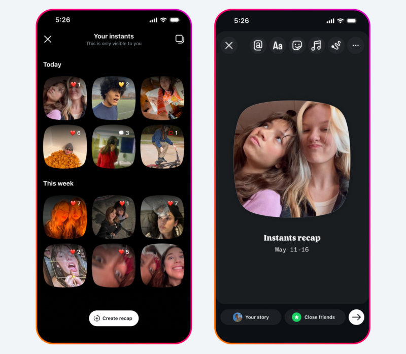 Two smartphone screens show a photo recap app with a grid of recent selfies and group photos on the left, and a "Instants recap" summary with two women making funny faces on the right.