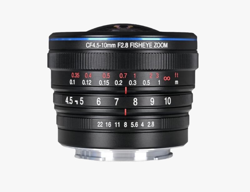 A black fisheye zoom camera lens with focal length markings from 4.5 to 10mm, aperture range from f/2.8 to f/22, and distance scale in meters and feet, displayed against a white background.