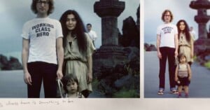 Two photos side by side: A man in glasses and a "Working Class Hero" shirt stands next to a woman in a tan dress. A small child stands in front, holding his hand. The background shows large stone lanterns and greenery.