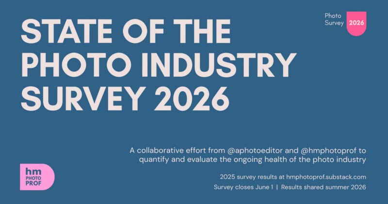 A blue graphic reads "State of the Photo Industry Survey 2026." It promotes a collaborative industry survey, with details about contributors, the survey deadline, and result release information. Logos and small text appear at the bottom.