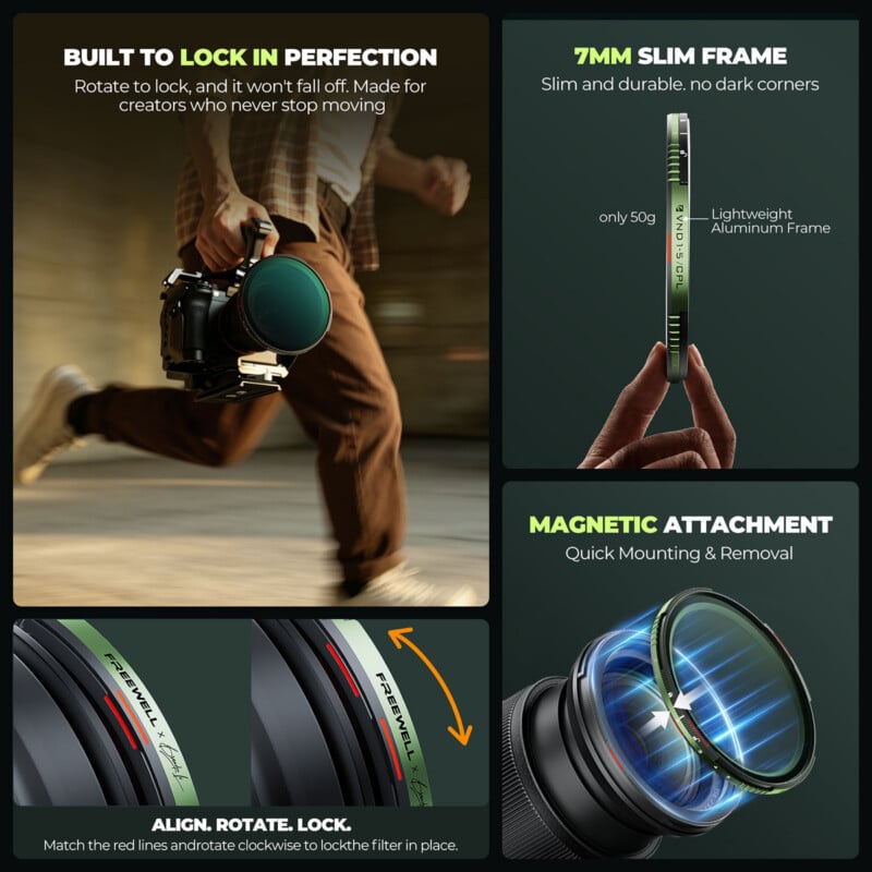 A promotional collage for a camera filter shows a photographer running with a camera, a green 7mm slim frame filter, close-ups of filter alignment, and magnetic attachment for quick mounting and removal.