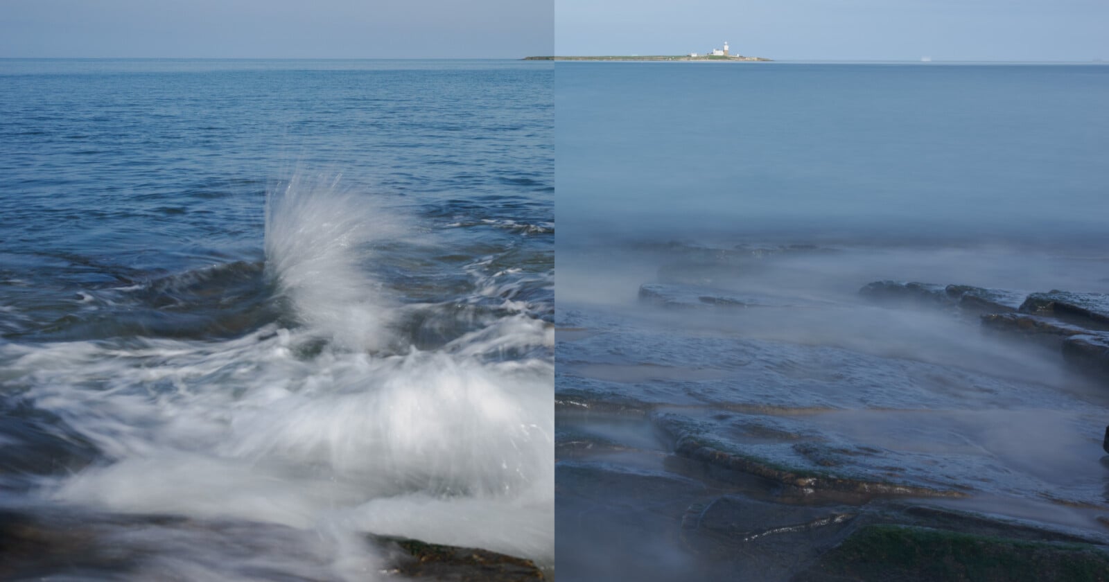A split-image shows two coastal scenes: on the left, a wave crashes energetically against rocks; on the right, calm blue water gently washes over rocks, with a distant lighthouse on a small island under a clear sky.