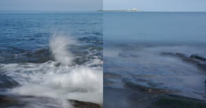 A split-image shows two coastal scenes: on the left, a wave crashes energetically against rocks; on the right, calm blue water gently washes over rocks, with a distant lighthouse on a small island under a clear sky.