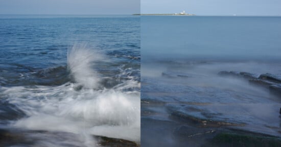 A split-image shows two coastal scenes: on the left, a wave crashes energetically against rocks; on the right, calm blue water gently washes over rocks, with a distant lighthouse on a small island under a clear sky.
