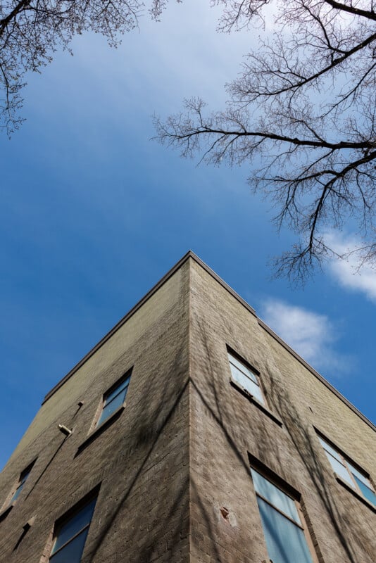 A brick building with several windows is viewed from a low angle against a blue sky. Leafless tree branches frame the top of the image, casting shadows on the building’s walls.