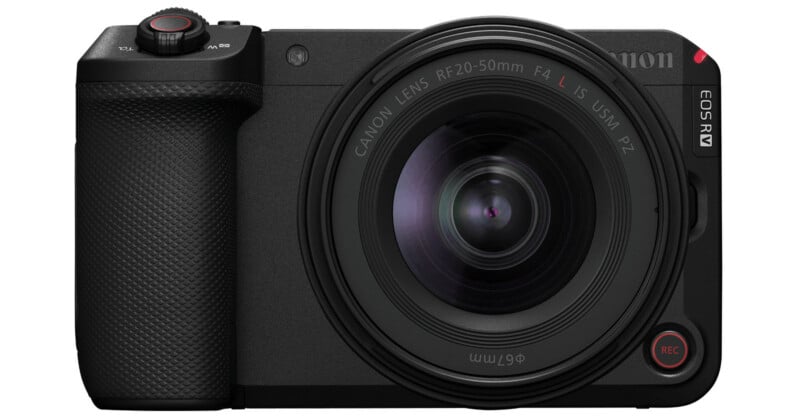 Front view of a Canon EOS R camera with a large Canon RF 20-50mm lens attached, featuring a textured grip, control dials, and a prominent red record button.