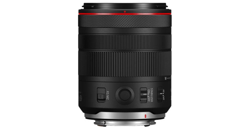 A black camera lens with textured grip rings, control switches, and a red accent ring near the top, shown against a white background.